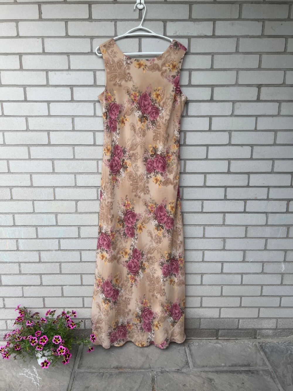 Vintage 90s TALL GIRL Dress Floral Rose Print Chiffon Bias Cut Sleeveless Medium